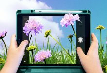 Photo collage of a child using an ipad to take a photo of flowers