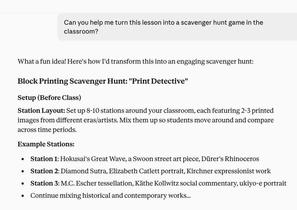 Screenshot of author using Claude to generate a scavenger hunt game plan
