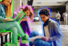 photo of friendly students being digitized into a school hallway where they are collaborating.