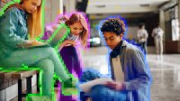 photo of friendly students being digitized into a school hallway where they are collaborating.