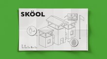 fake furniture instructions for building a school house. The instructions are labeled SKÖOL.