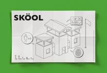 fake furniture instructions for building a school house. The instructions are labeled SKÖOL.