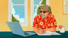illustration of a male teacher in a vacation outfit happily sitting at a desk taking notes and reading on a computer.