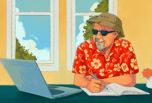 illustration of a male teacher in a vacation outfit happily sitting at a desk taking notes and reading on a computer.