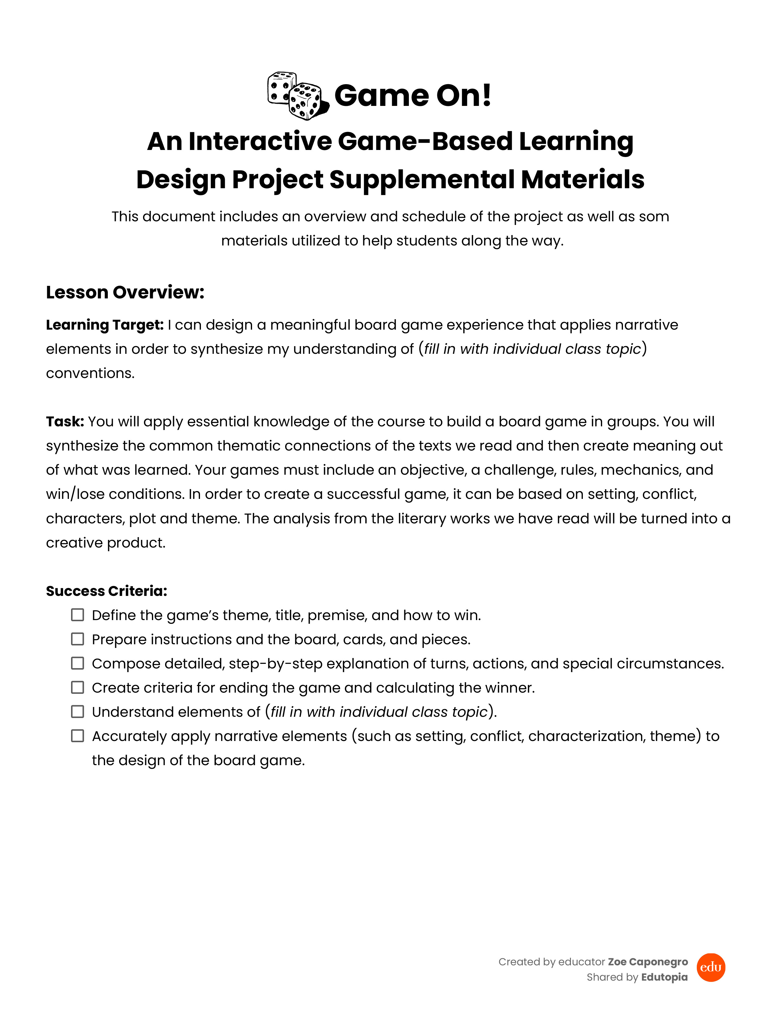 download preview for the Game On! worksheet