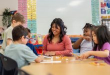 Elementary teacher working with a small group of students on a writing assignment