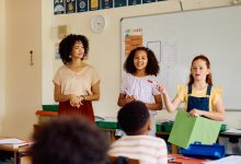 Elementary students giving a presentation to the class