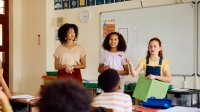 Elementary students giving a presentation to the class