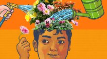 illustration of a student collaged with flowers that are being watered