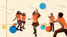 a collage of students on graph paper throwing around a ball around
