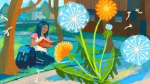 illustration of a student sitting on grass outside school, observing and drawing a dandelion that has popped up between sidewalk cracks