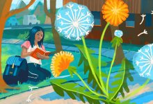 illustration of a student sitting on grass outside school, observing and drawing a dandelion that has popped up between sidewalk cracks