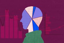 A portrait of a teacher is divided into pieces like a pie chart