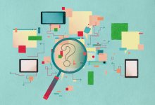 A magnifying glass examining different technological elements for green flags and red flags