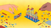 illustration of two students building with legos. one is building a traditional, straightforward wall and the other is a more imaginative bridge.
