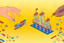 illustration of two students building with legos. one is building a traditional, straightforward wall and the other is a more imaginative bridge.