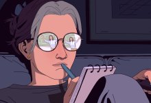 illustration of a teacher reviewing video footage of herself teaching