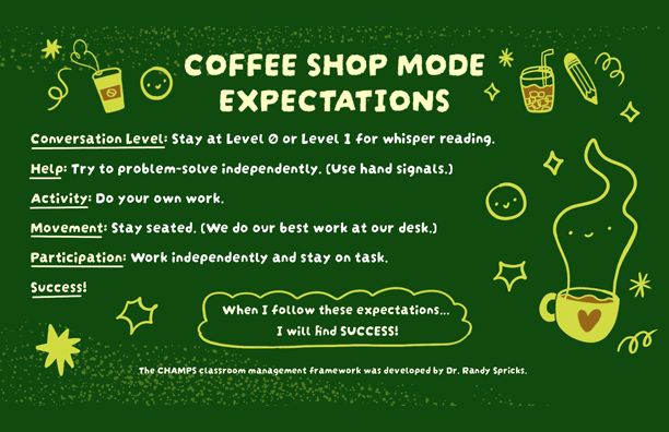 A slide showing a list of expectations for students for a classroom strategy called "Coffee Shop Mode" on a green background with coffee-related illustrations.