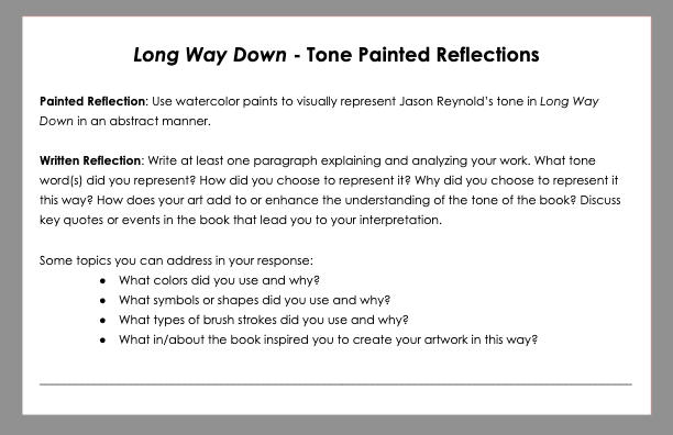 Instruction slide titled “Long Way Down - Tone Painted Reflections” explaining a painted reflection activity where students use watercolor paints to visually represent the tone of Jason Reynolds’s Long Way Down. The slide also prompts students to write a paragraph analyzing their artistic choices, including tone words, colors, symbols, brush strokes, and book quotes or events that inspired their interpretation.