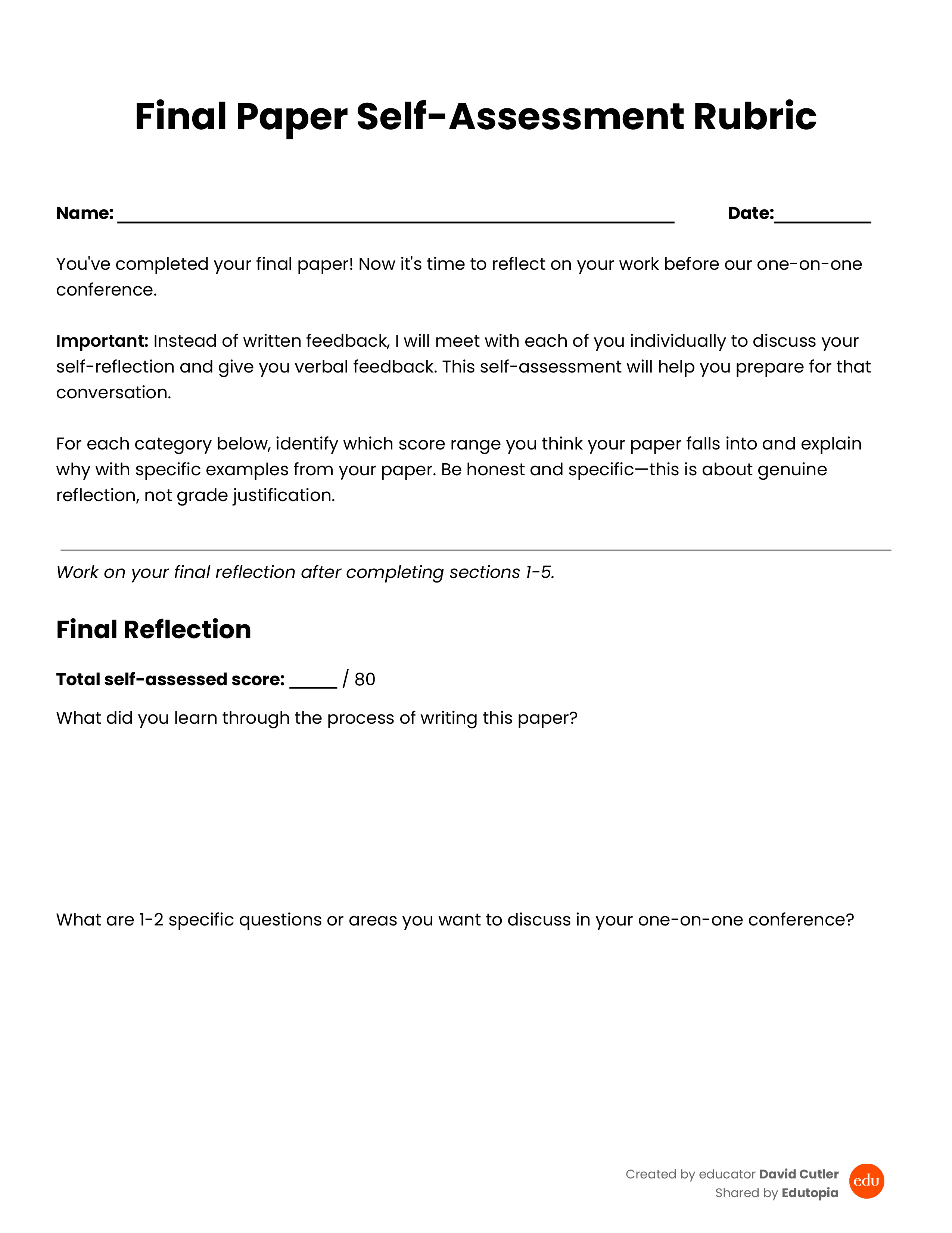 Download preview for the Final Paper Self-Assessment Rubric