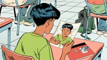 Conceptual illustration of a teen boy in a school desk looking at a piece of paper with handwriting and his own image looking back at him.