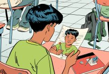 Conceptual illustration of a teen boy in a school desk looking at a piece of paper with handwriting and his own image looking back at him.