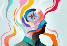 An illustration of a figure with a colorful compass on its head