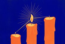 Illustration about leading by influence showing 3 connected lit candles