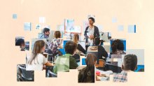 Fragments of photos laid on top of each other to make an image of a secondary classroom