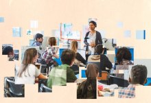 Fragments of photos laid on top of each other to make an image of a secondary classroom