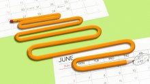Illustration of an unusually long pencil curving and bending back and forth as it lays atop two calendar pages, with the nearest month June and a last day of school circled