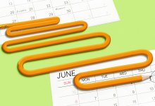 Illustration of an unusually long pencil curving and bending back and forth as it lays atop two calendar pages, with the nearest month June and a last day of school circled