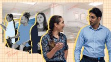 collage of two teachers walking through school, discussing different areas of interest