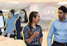 collage of two teachers walking through school, discussing different areas of interest