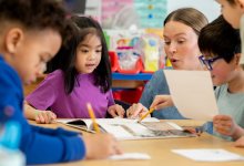 Elementary students forming sentences based on a wordless picture book