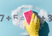 Illustration of a gloved hand cleaning a math equation with a soapy sponge