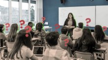 Photo collage of teacher asking class questions