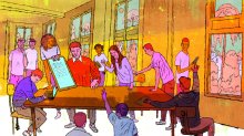 illustration of students and a teacher discussing a set of digital rules