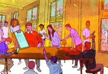 illustration of students and a teacher discussing a set of digital rules