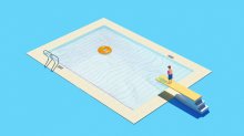 illustration of a student reluctantly standing on a diving board, scared to dive into a pool of lined notebook paper