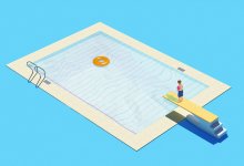 illustration of a student reluctantly standing on a diving board, scared to dive into a pool of lined notebook paper