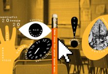 collage featuring various elements of tech classroom management balanced against each other