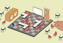 illustration of a teacher manipulating desks into strategic shapes on a chess board that doubles as a classroom.