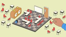 illustration of a teacher manipulating desks into strategic shapes on a chess board that doubles as a classroom.