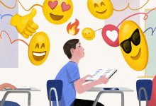 Illustration of a student sitting at a desk in a classroom, looking up from their book as many large emojis spring toward their face.
