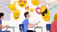 Illustration of a student sitting at a desk in a classroom, looking up from their book as many large emojis spring toward their face.
