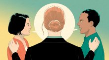 illustration featuring school leader assisting in a mediation between a parent and a teacher