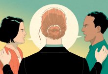 illustration featuring school leader assisting in a mediation between a parent and a teacher