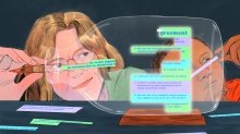 illustration of a teacher and student putting together a digital AI agreement carefully, like a ship in a bottle.