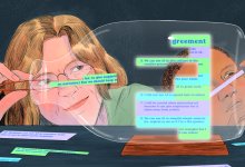 illustration of a teacher and student putting together a digital AI agreement carefully, like a ship in a bottle.